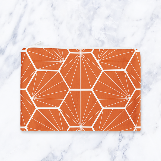 Handmade Orange Geometric Makeup Bag – Water-Resistant Cosmetic Pouch – Modern Travel Toiletry Bag