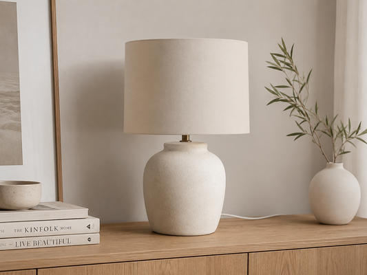 A modern table lamp with a textured cream ceramic base and a matching fabric drum shade, styled on a light wood console table next to a small vase with greenery.