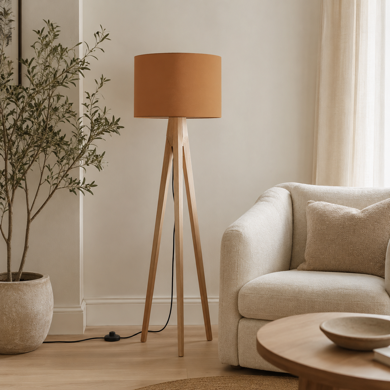 A modern tripod floor lamp with a warm toffee drum shade and light natural wood legs, styled in a cozy living room next to a beige armchair and a potted plant.