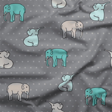 Load image into Gallery viewer, Grey and Blue Elephants Cotton Drill Fabric.
