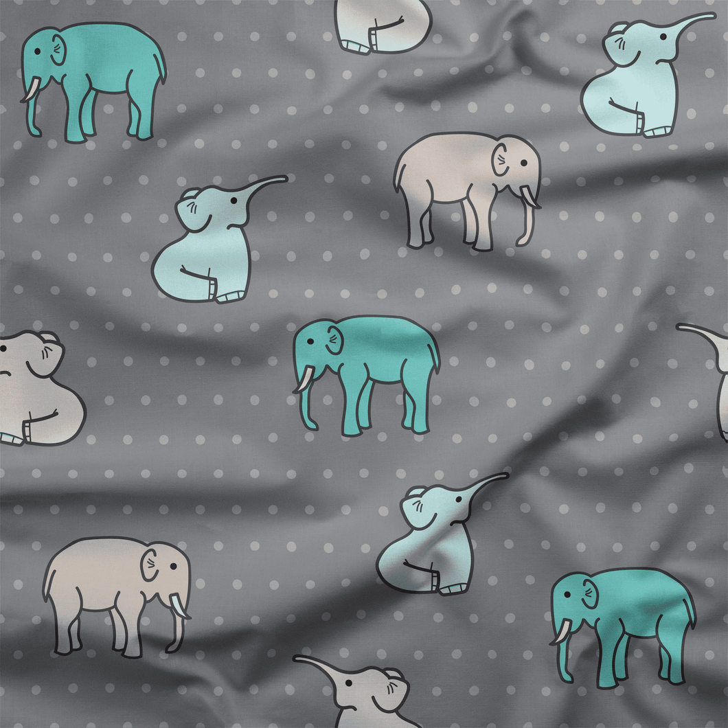 Grey and Blue Elephants Cotton Drill Fabric.