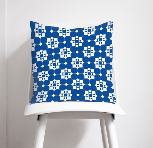 Blue and White Geometric Tiles Design Cushion, Throw Pillow - Shadow bright
