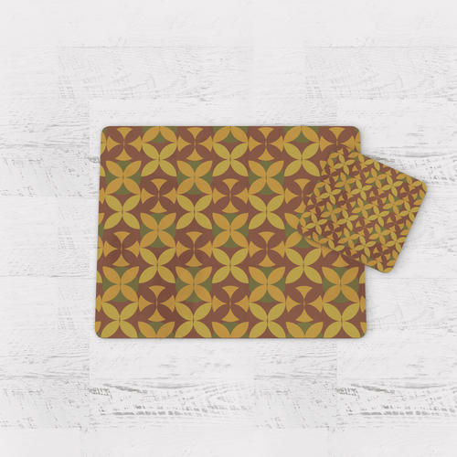 Brown and Green Retro Geometric Placemats, Set of 4 or Set of 6.