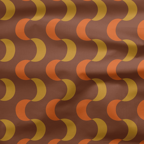 Brown, Orange and Yellow Retro Geometric Cotton Drill Fabric.