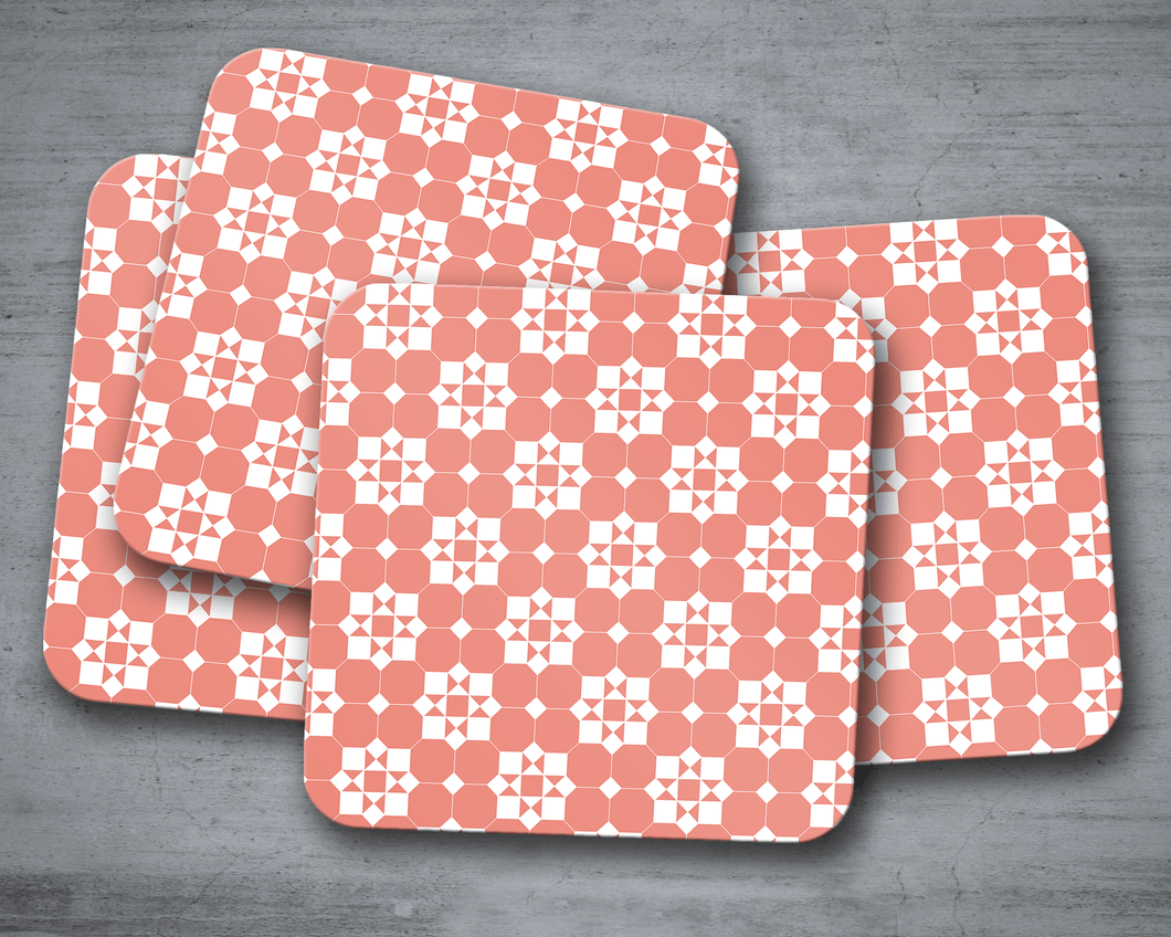 Coral and White Geometric Tiles Design Coasters, Table Decor Drinks Mat - Shadow bright