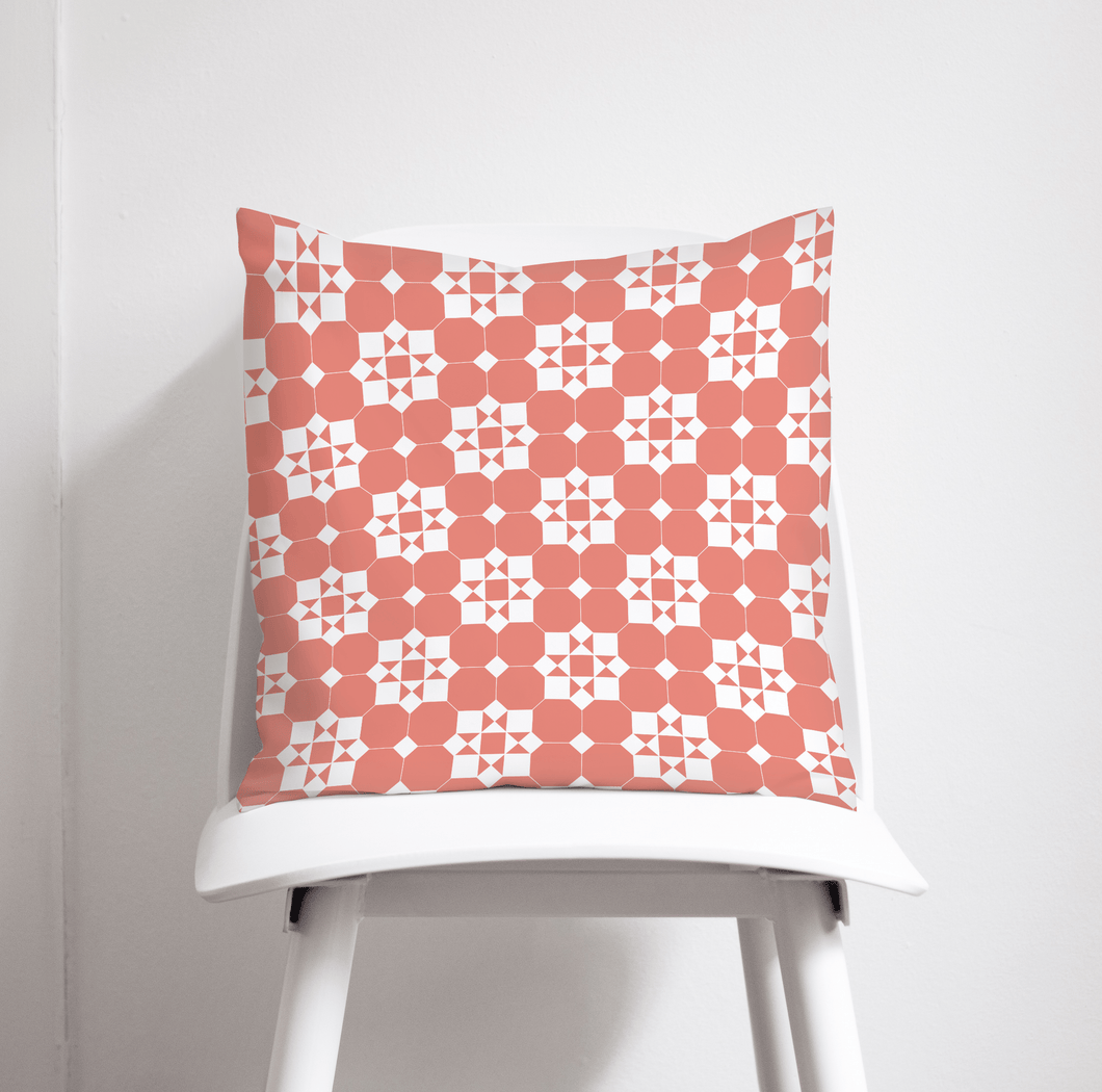 Coral and White Geometric Tiles Design Cushion, Throw Pillow - Shadow bright