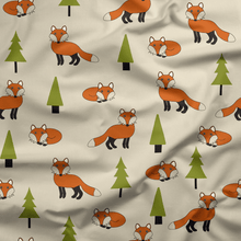 Load image into Gallery viewer, Cream and Orange Foxes Cotton Drill Fabric.
