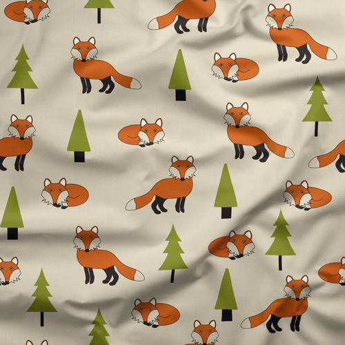 Cream and Orange Foxes Cotton Drill Fabric.