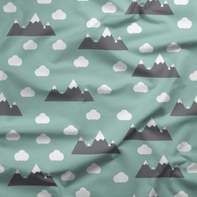 Load image into Gallery viewer, Green Clouds and Mountains Scandinavian Design Cotton Drill Fabric.
