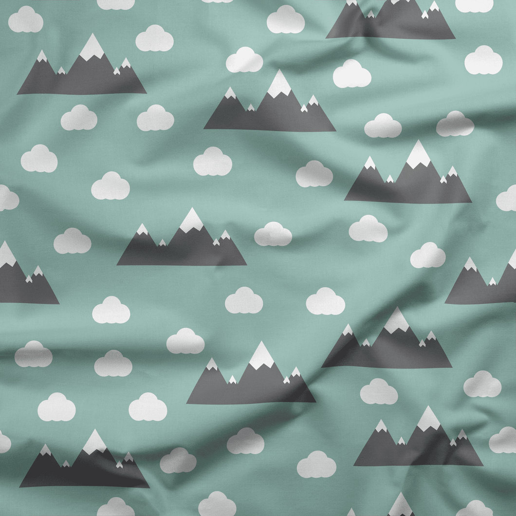 Green Clouds and Mountains Scandinavian Design Cotton Drill Fabric.