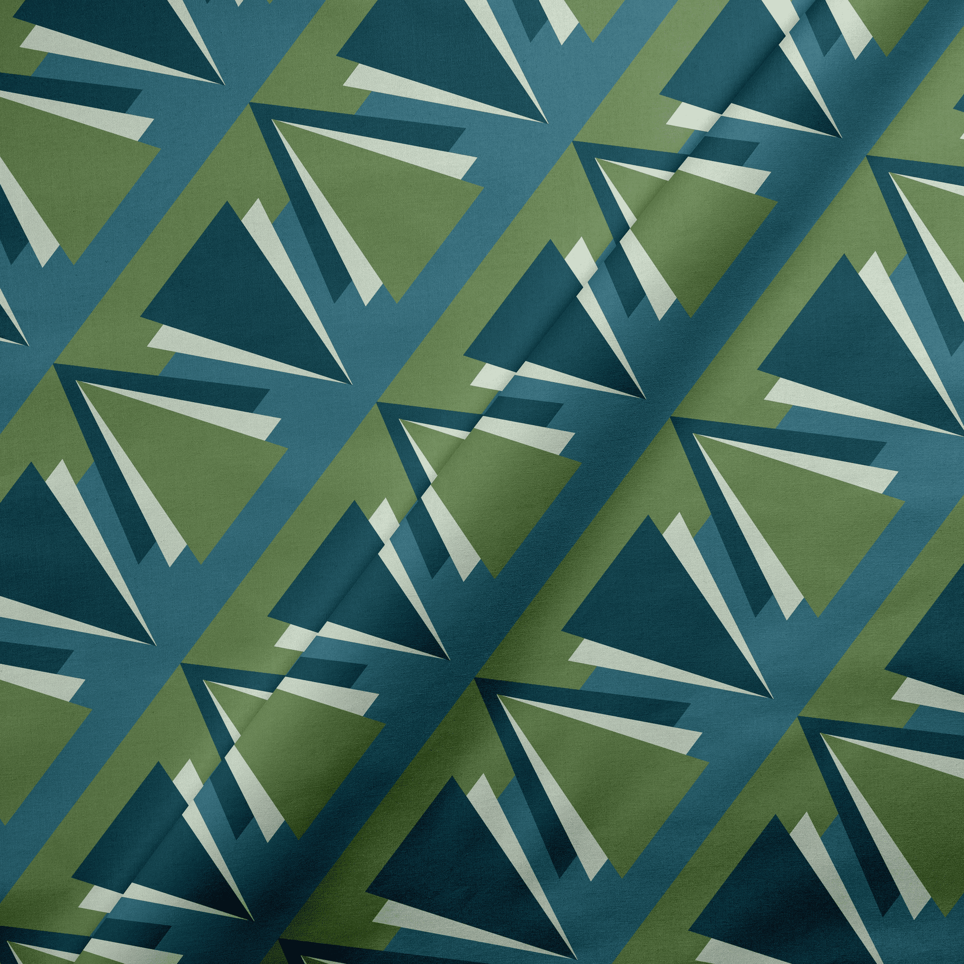 Green and Blue Art Deco Geometric Cotton Drill Fabric.