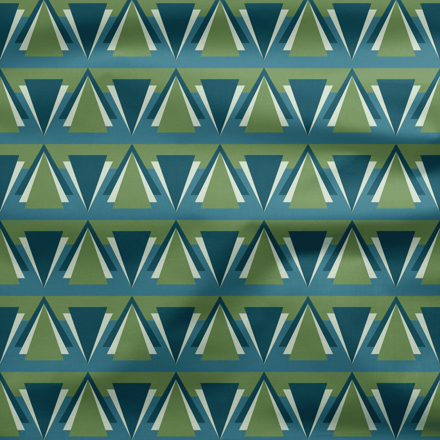 Green and Blue Art Deco Geometric Cotton Drill Fabric.