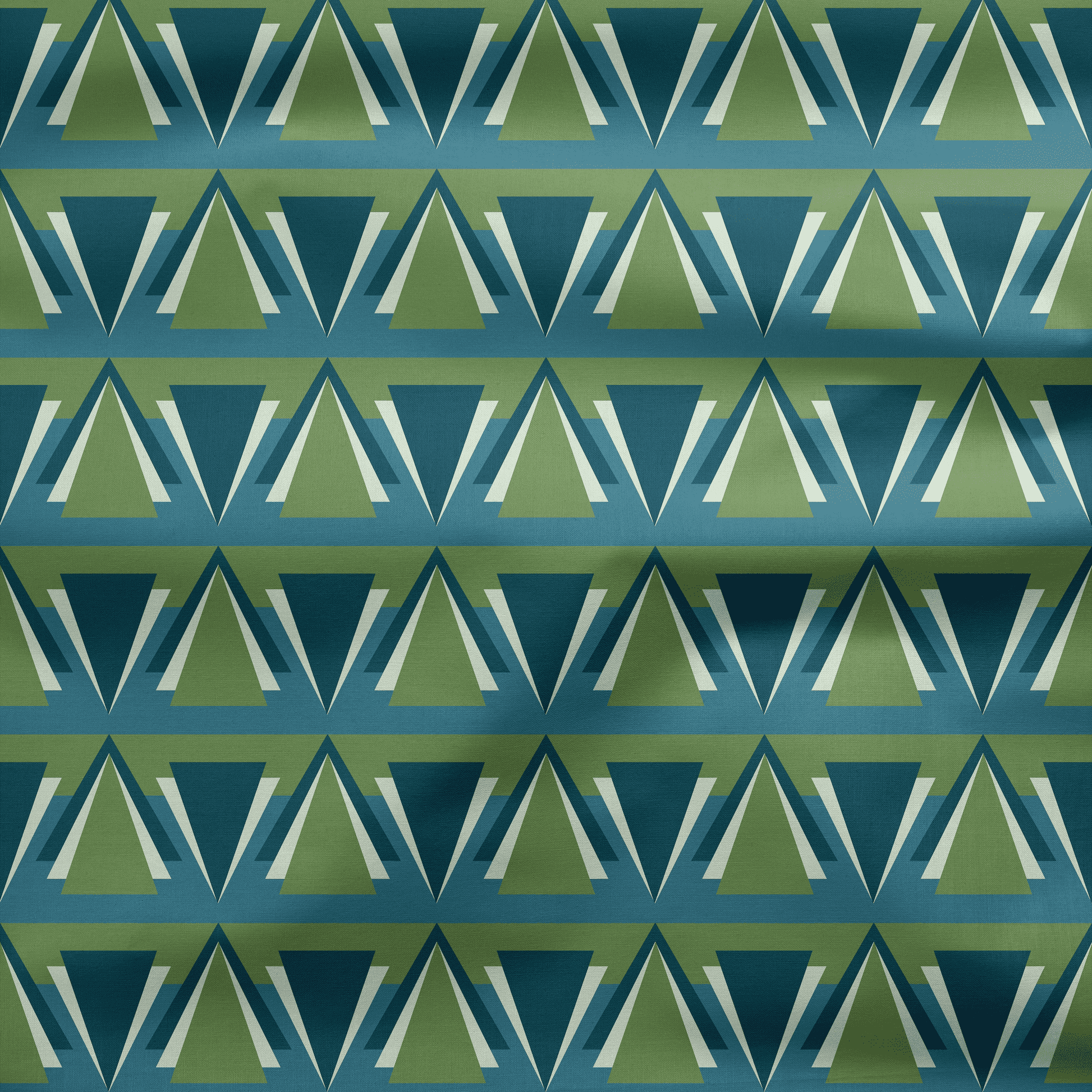 Green and Blue Art Deco Geometric Cotton Drill Fabric.