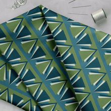 Load image into Gallery viewer, Green and Blue Art Deco Geometric Cotton Drill Fabric.
