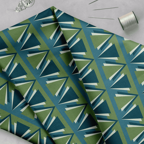 Green and Blue Art Deco Geometric Cotton Drill Fabric.