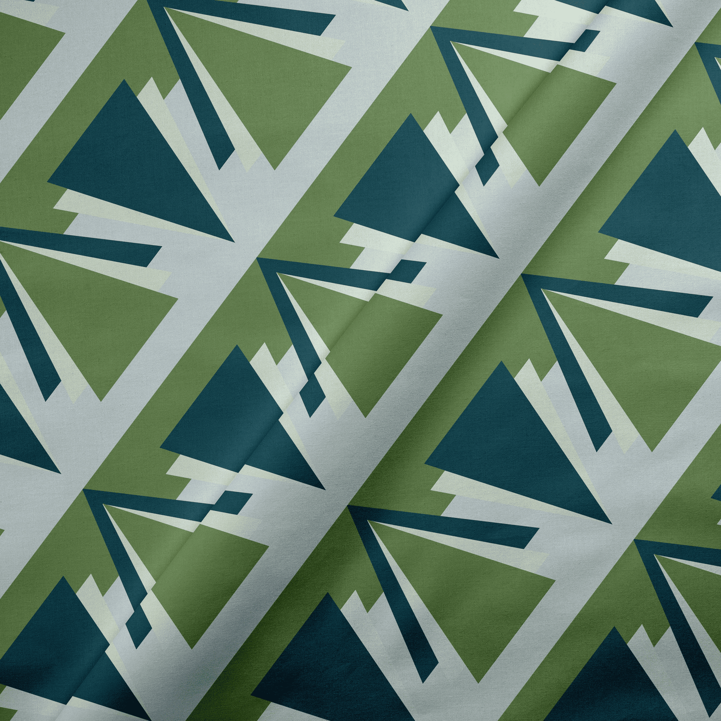 Green and Grey Art Deco Geometric Cotton Drill Fabric.