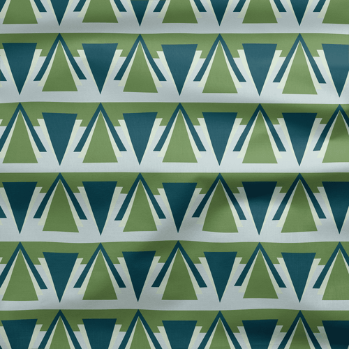 Green and Grey Art Deco Geometric Cotton Drill Fabric.