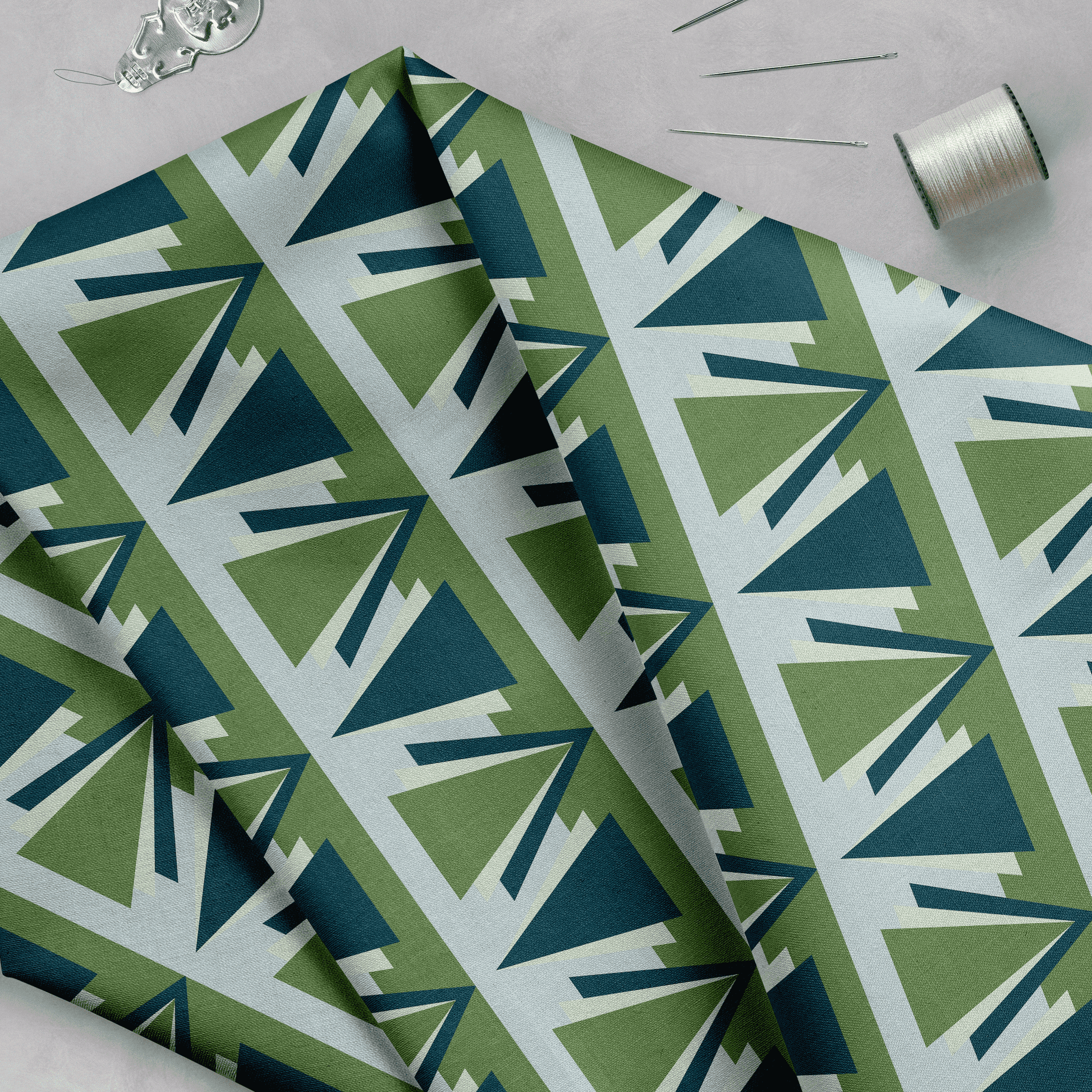 Green and Grey Art Deco Geometric Cotton Drill Fabric.