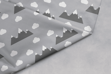 Load image into Gallery viewer, Grey Clouds and Mountains Scandinavian Inspired Cotton Drill Fabric.
