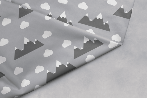 Grey Clouds and Mountains Scandinavian Inspired Cotton Drill Fabric.