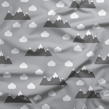 Load image into Gallery viewer, Grey Clouds and Mountains Scandinavian Inspired Cotton Drill Fabric.
