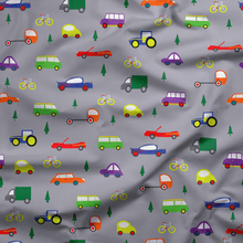 Load image into Gallery viewer, Grey Cars Scandinavian Inspired Cotton Drill Fabric.
