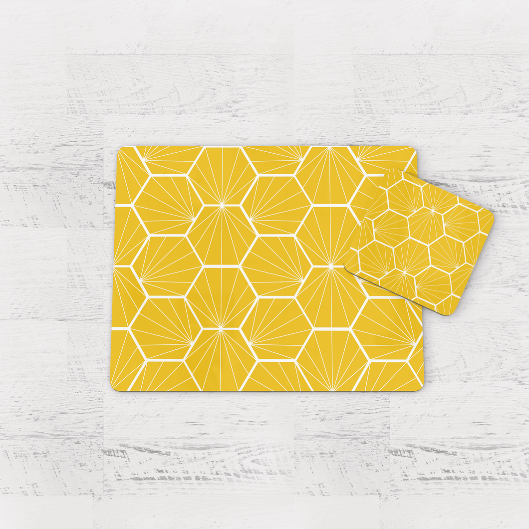 Lemon Yellow Geometric Hexagons Placemats, Set of 4 or Set of 6.