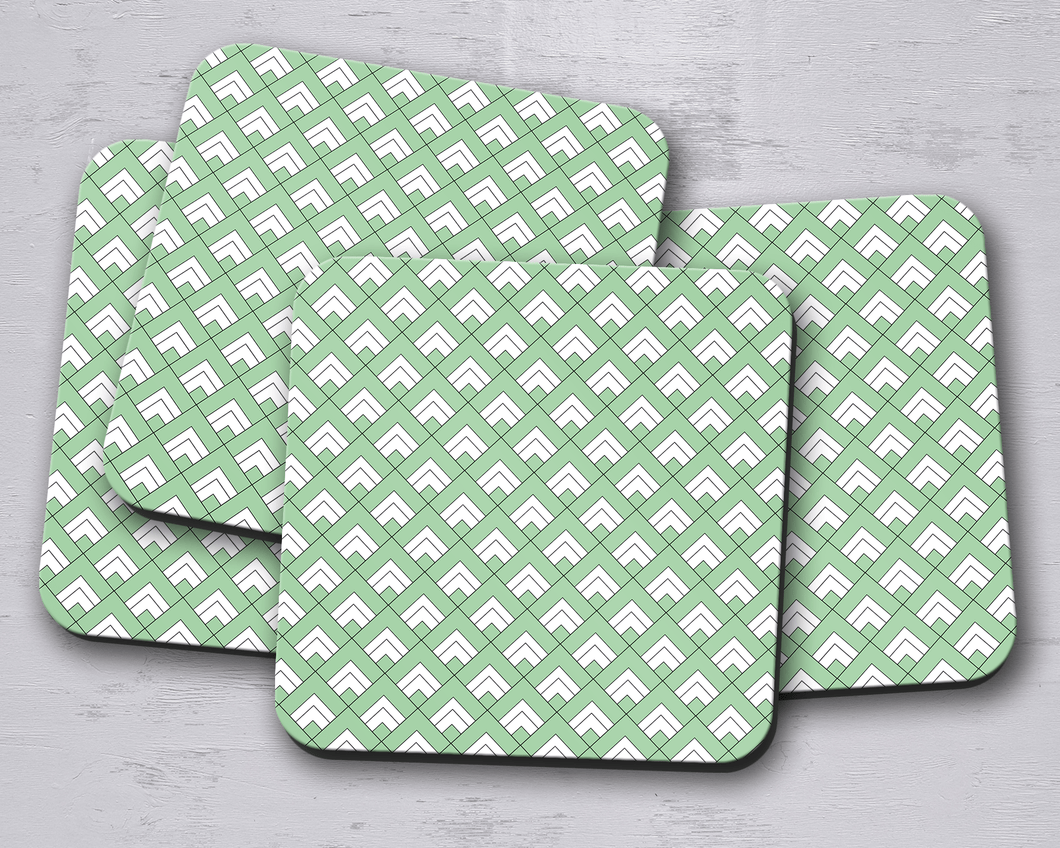 Green and White Geometric Tiles Design Coasters, Table Decor Drinks Mat - Shadow bright