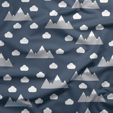 Load image into Gallery viewer, Navy Blue Clouds and Mountains Scandinavian Cotton Drill Fabric.

