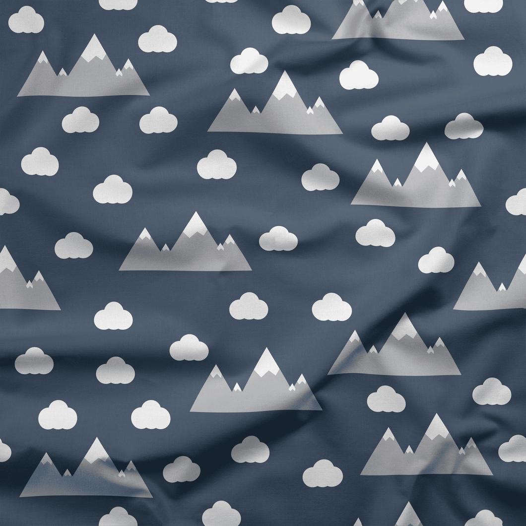 Navy Blue Clouds and Mountains Scandinavian Cotton Drill Fabric.