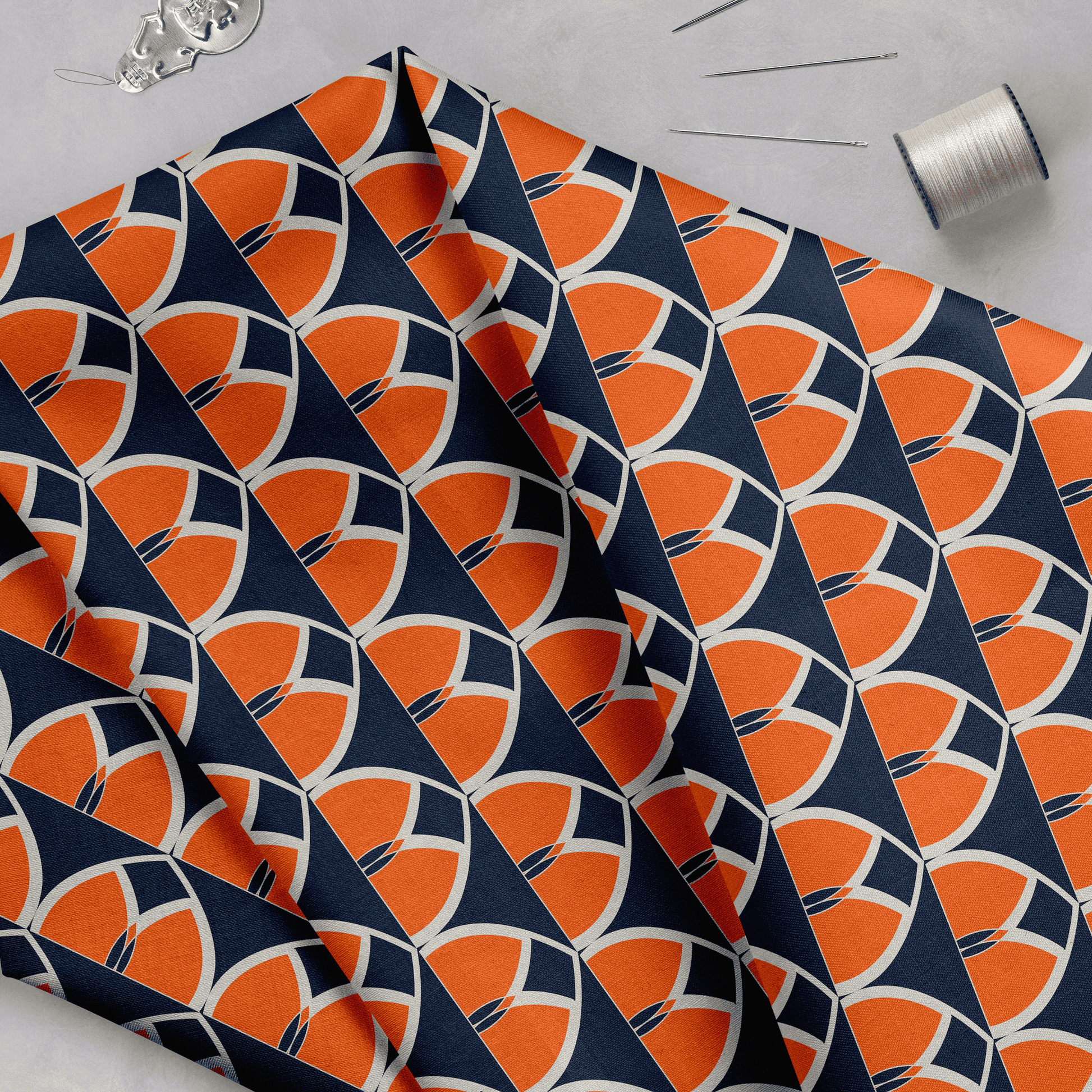 Navy Blue and Orange Geometric Cotton Drill Fabric.