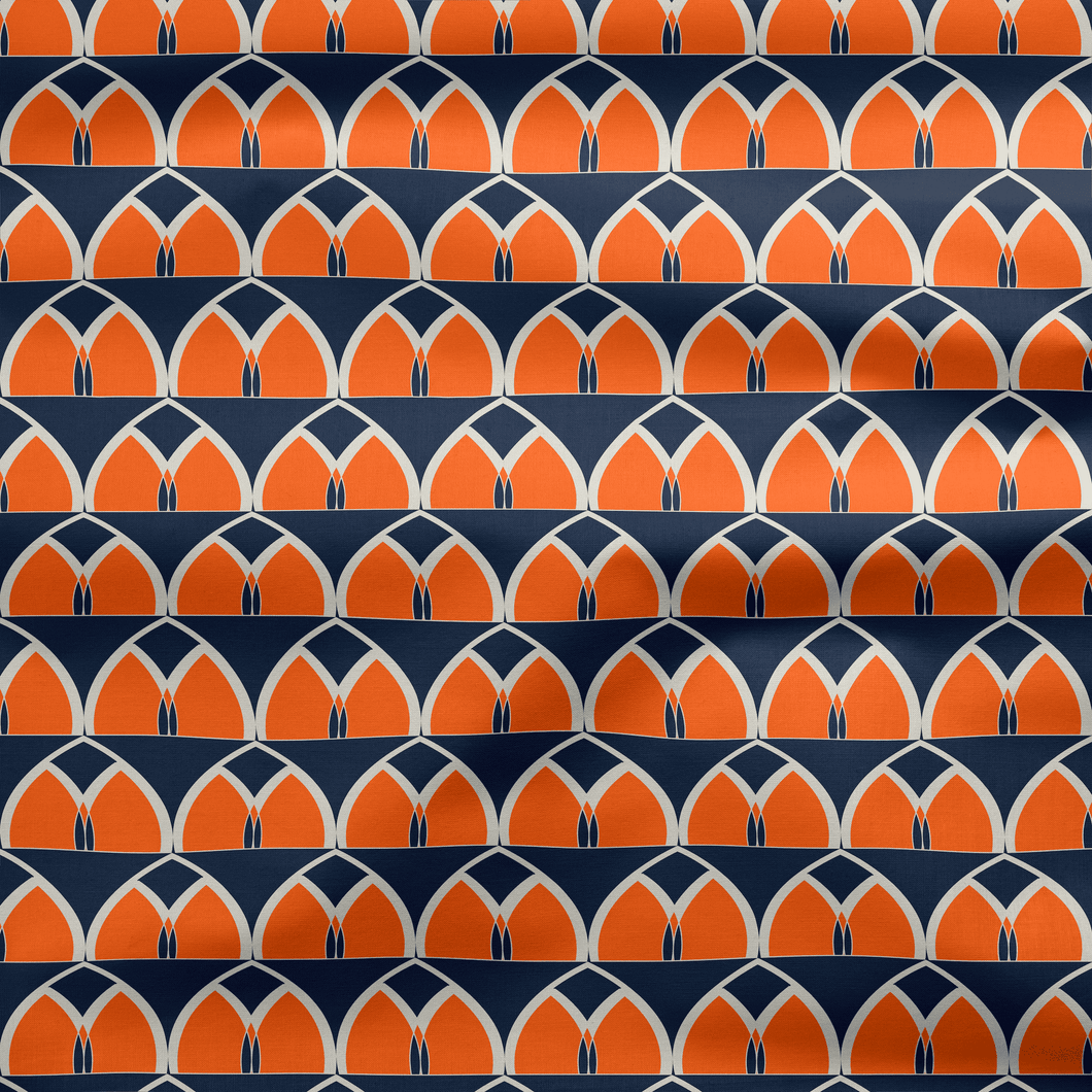 Navy Blue and Orange Geometric Cotton Drill Fabric.