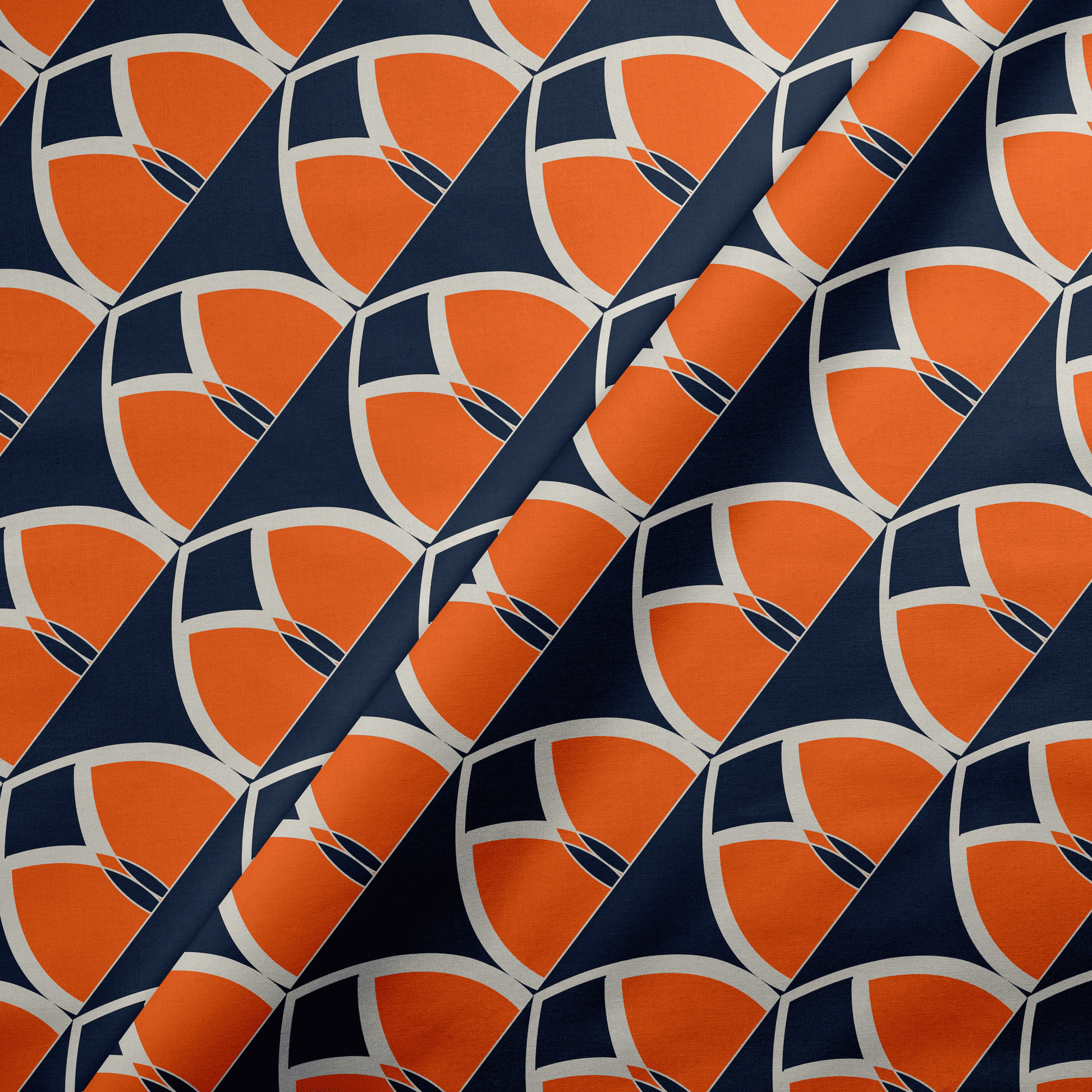 Navy Blue and Orange Geometric Cotton Drill Fabric.