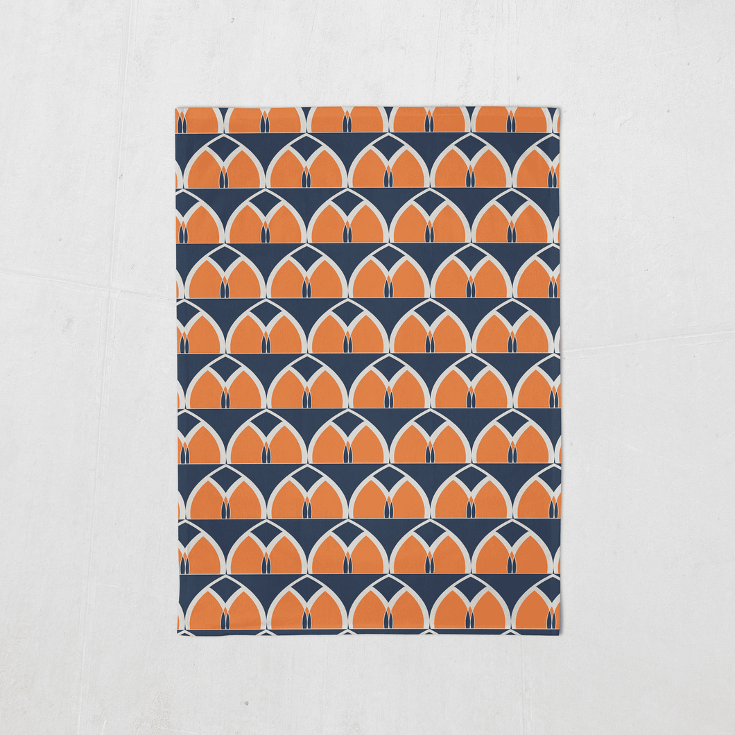 Blue and Orange Tea Towel with a Geometric Arches Design, Dish Towel, Kitchen Towel - Shadow bright