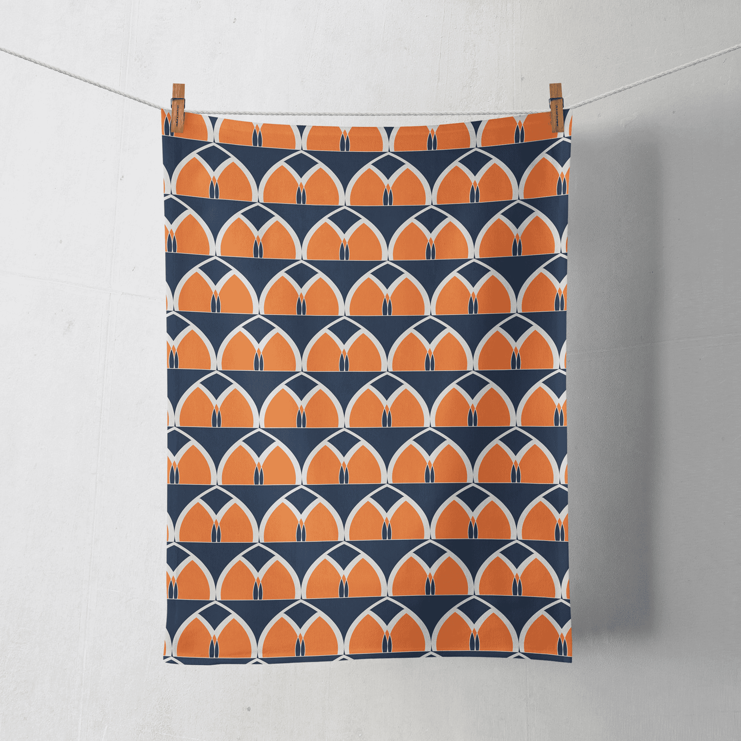 Blue and Orange Tea Towel with a Geometric Arches Design, Dish Towel, Kitchen Towel - Shadow bright