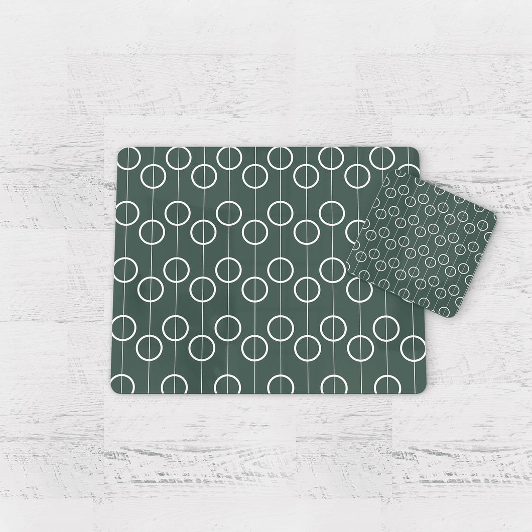 Forest Green Retro Geometric Circles Placemats, Set of 4 or Set of 6.