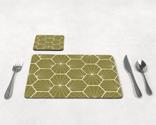 Load image into Gallery viewer, Olive Green Geometric Hexagons Placemats, Set of 4 or Set of 6.
