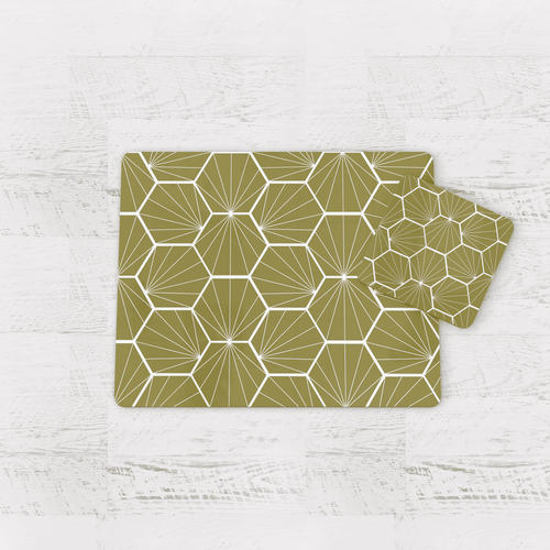 Olive Green Geometric Hexagons Placemats, Set of 4 or Set of 6.