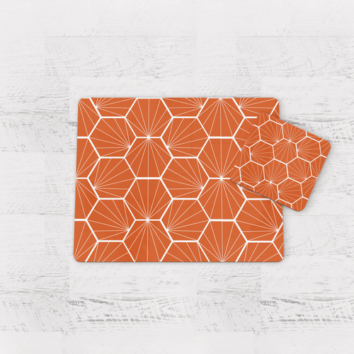 Orange Geometric Hexagons Placemats, Set of 4 or Set of 6.