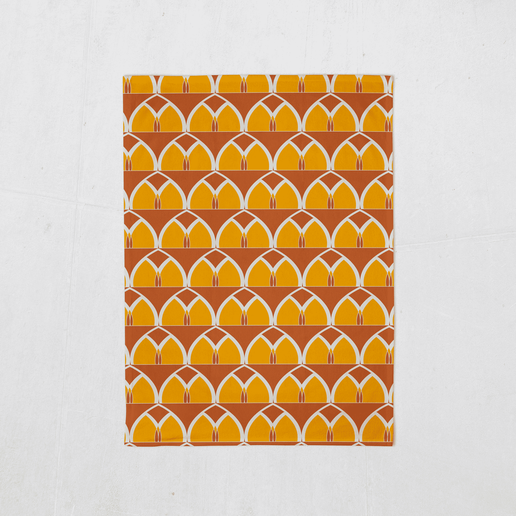 Orange and Yellow Tea Towel with a Geometric Arches Design, Dish Towel, Kitchen Towel - Shadow bright
