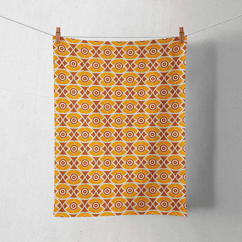 Orange and Yellow Tea Towel with a Geometric Nuts Design, Dish Towel, Kitchen Towel - Shadow bright