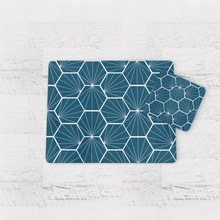 Load image into Gallery viewer, Peacock Blue Geometric Hexagons Placemats, Set of 4 or Set of 6.
