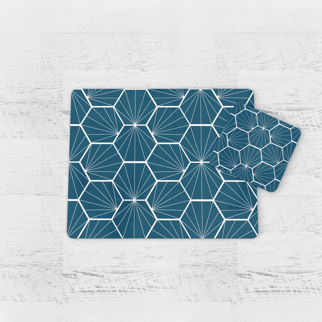 Peacock Blue Geometric Hexagons Placemats, Set of 4 or Set of 6.
