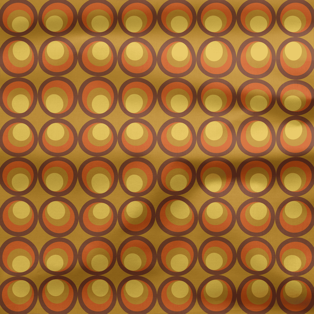 Retro Geometric Circles Brown and Orange Cotton Drill Fabric.