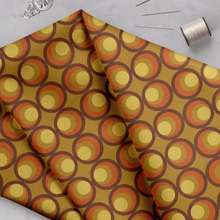 Load image into Gallery viewer, Retro Geometric Circles Brown and Orange Cotton Drill Fabric.
