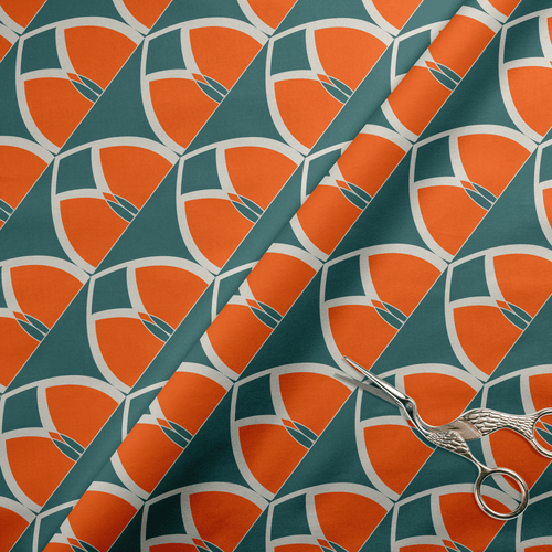 Teal and Orange Retro Geometric Cotton Drill Fabric.