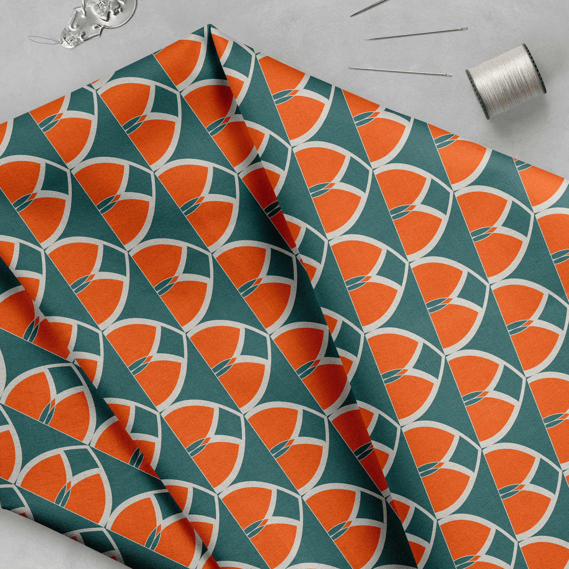 Teal and Orange Retro Geometric Cotton Drill Fabric.