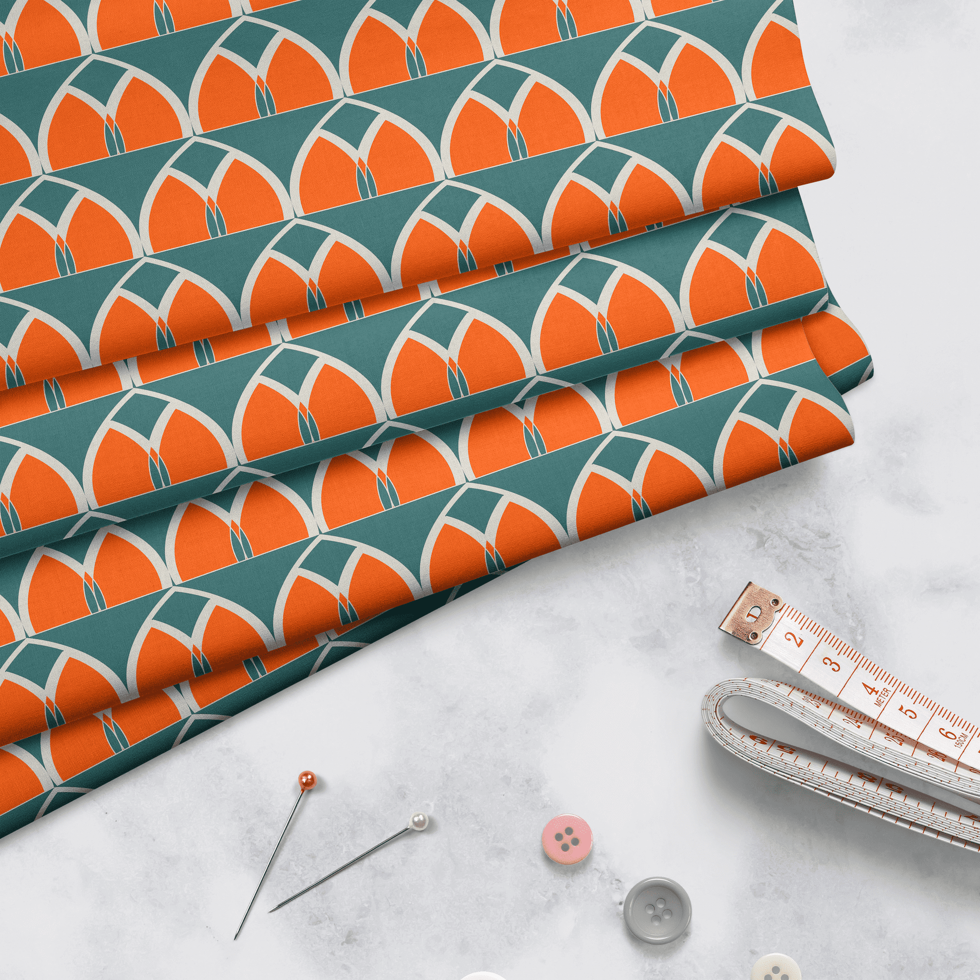 Teal and Orange Retro Geometric Cotton Drill Fabric.