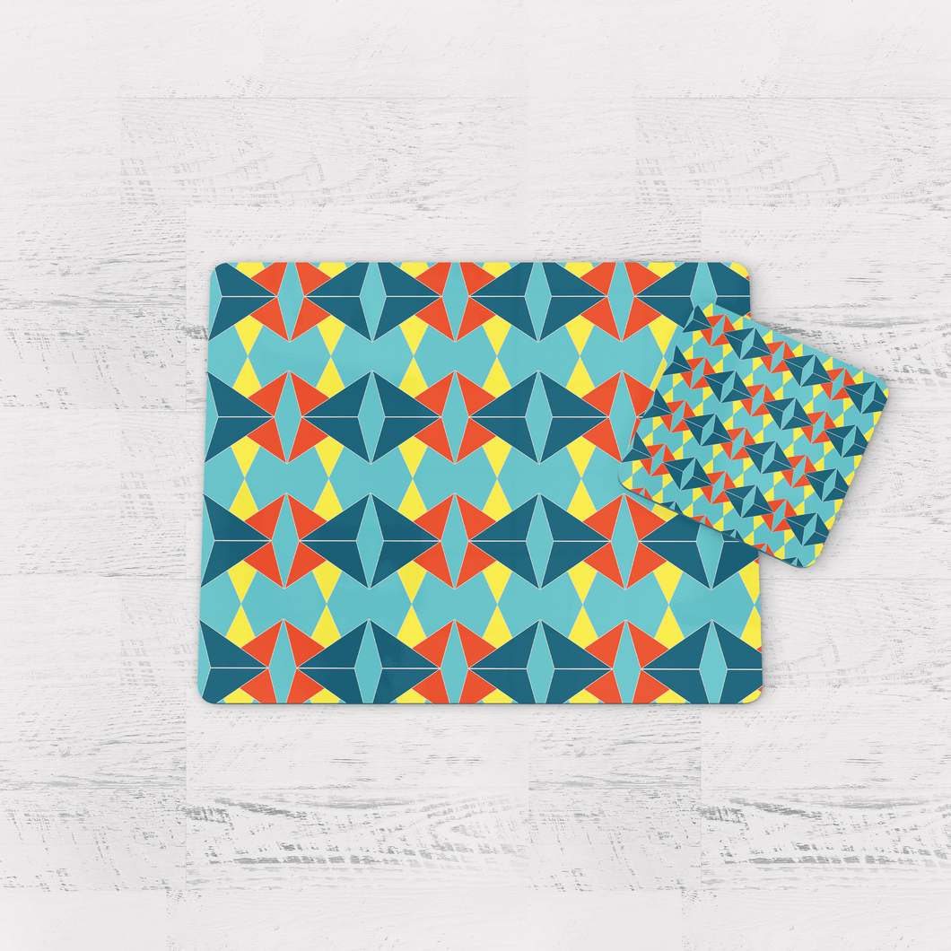 Turquoise and Orange Retro Geometric Placemats, Set of 4 or Set of 6.
