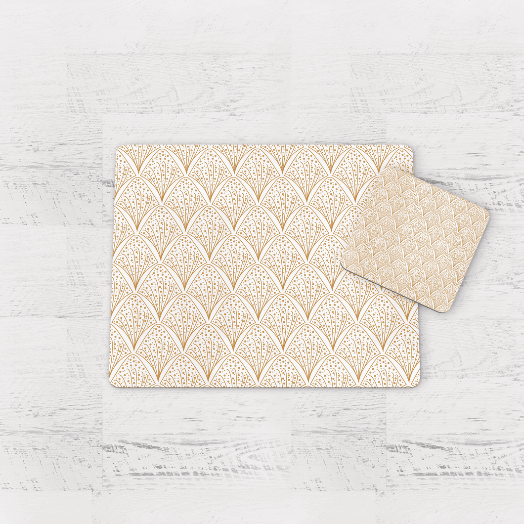 White & Gold Retro Geometric Placemats, Set of 4 or Set of 6.